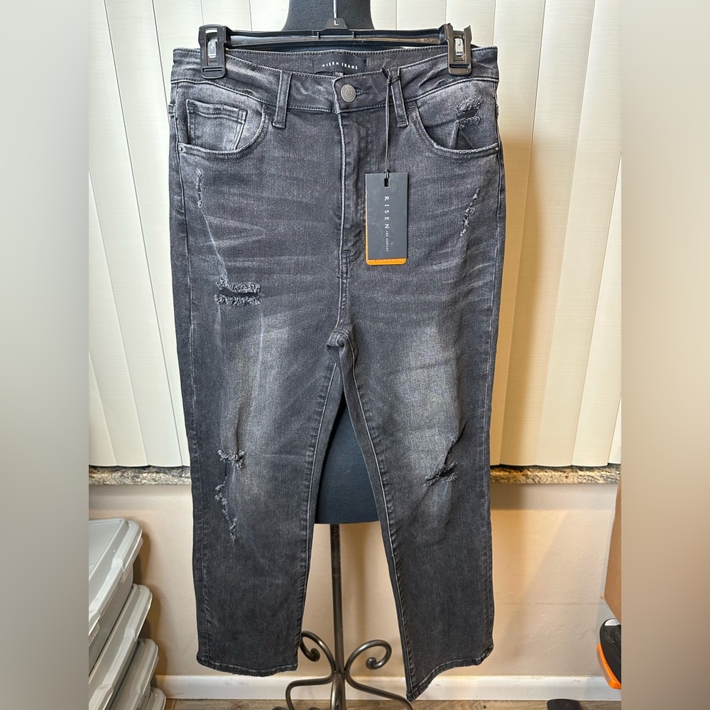 Risen High Rise Straight Leg Jeans Gray Black Wash Distressed Size 11